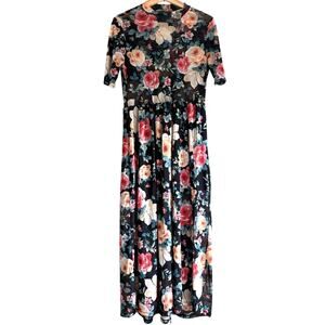 Sheer Black Dark Floral Maxi Dress Lined LARGE Cottagecore Romantic Retro
